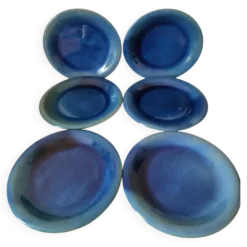 6 assiettes en grès émaillé – bleu cobalt & turquoise