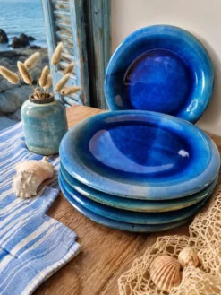 6 assiettes en grès émaillé – bleu cobalt & turquoise