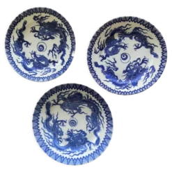 Assiettes en porcelaine d’Asie à décor de dragons bleus