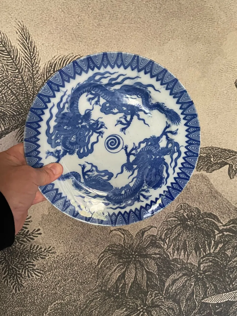 Assiettes en porcelaine d’Asie à décor de dragons bleus