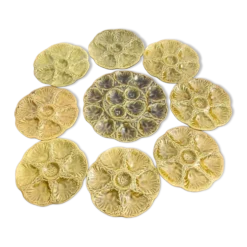 Assiettes et plat de service à coquillages, huîtres vintage Gien vert kaki