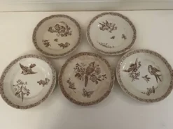 5 Assiettes faïence de Pexonne 19 ème siècle -Décor oiseaux insectes fleurs