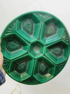 3 assiettes à huîtres art déco décor géométrique vert