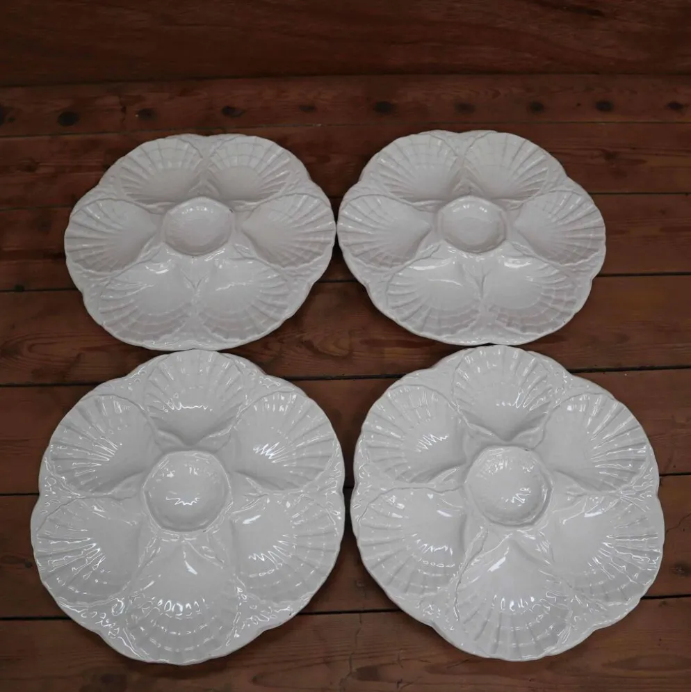 4 Assiettes à huîtres blanc cassé vintage Sarreguemines 60's