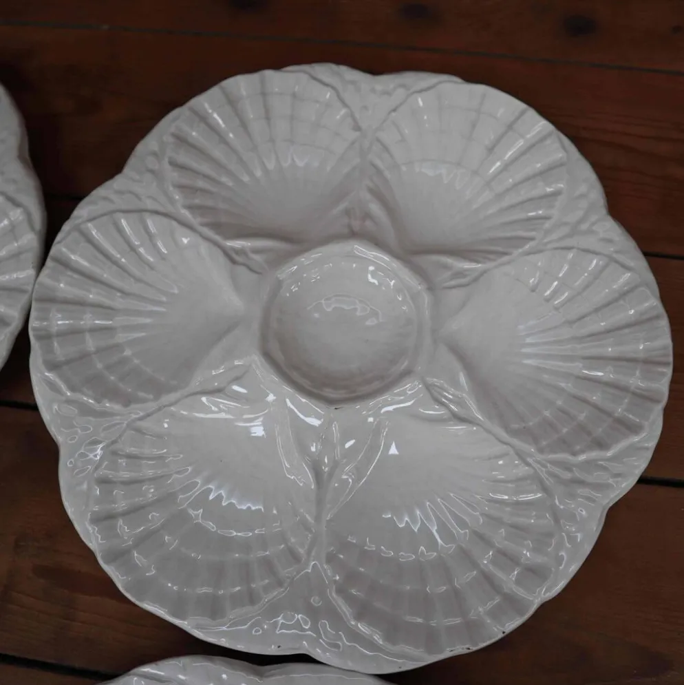 4 Assiettes à huîtres blanc cassé vintage Sarreguemines 60's