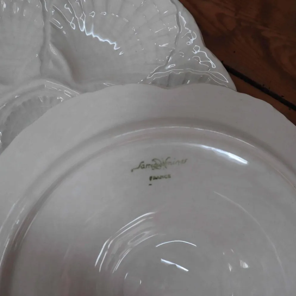 4 Assiettes à huîtres blanc cassé vintage Sarreguemines 60's