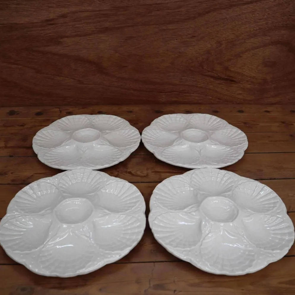 4 Assiettes à huîtres blanc cassé vintage Sarreguemines 60's