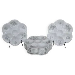 9 Assiettes à huîtres décor fleuri noir KetG Luneville année 1940