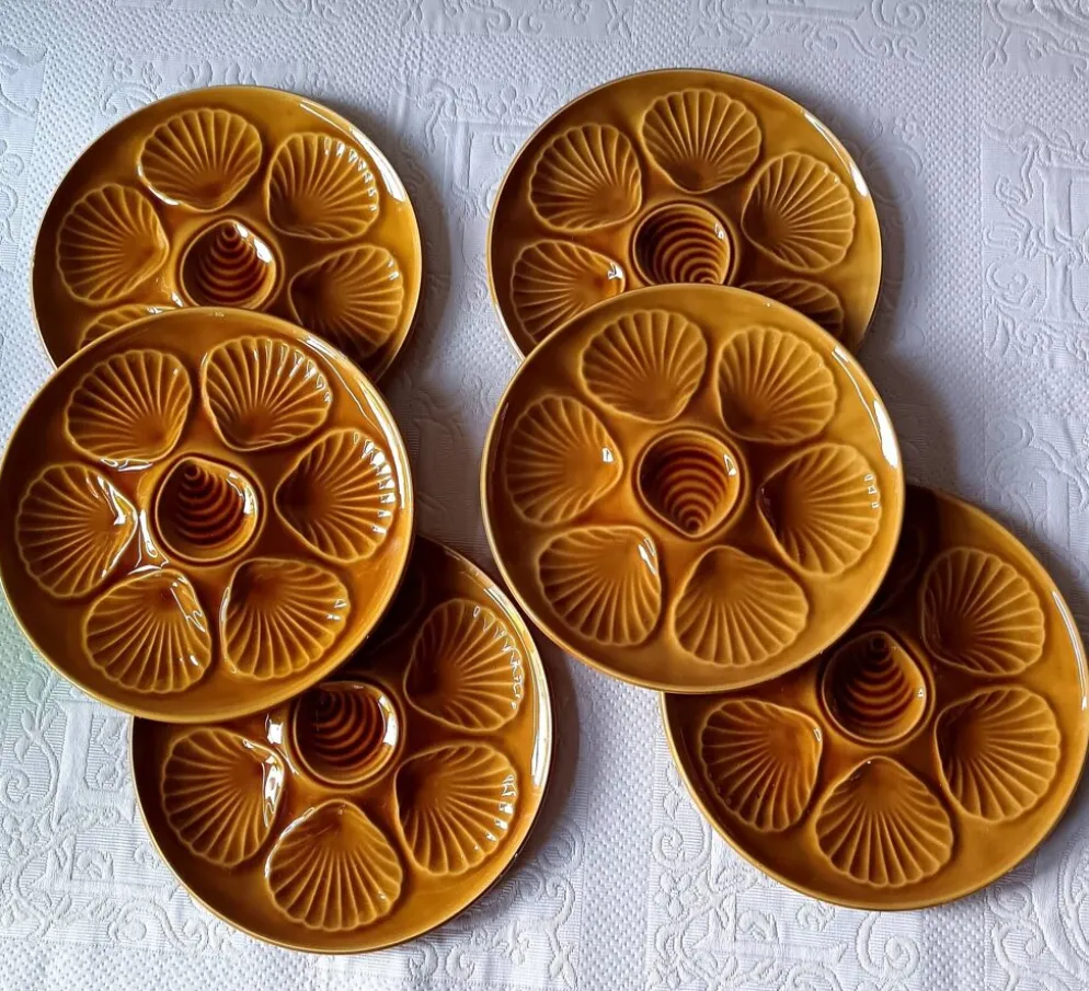 6 assiettes à huîtres faïence ambre France
