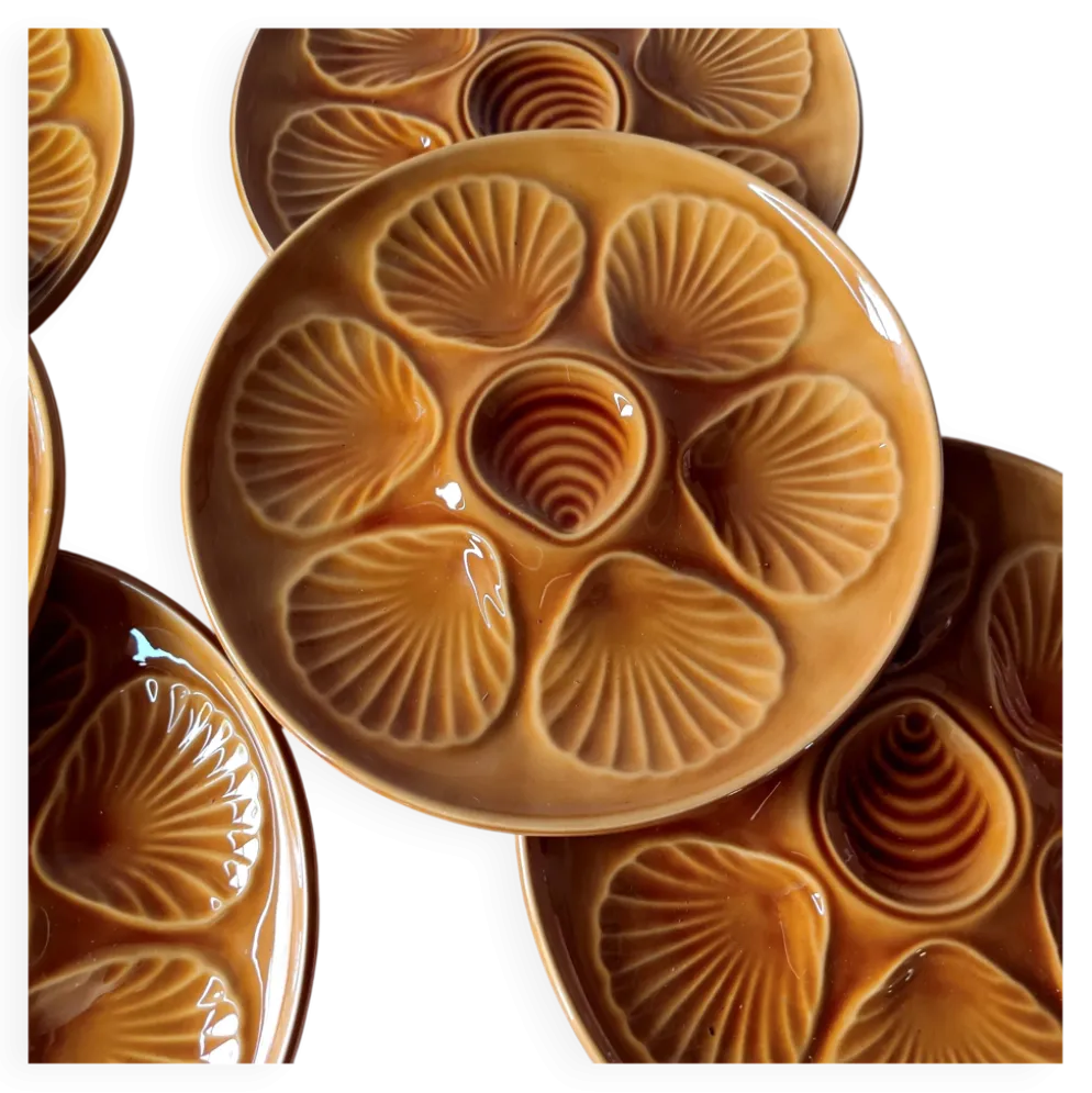 6 assiettes à huîtres faïence ambre France