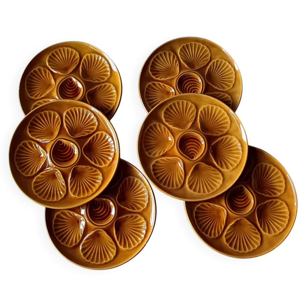 6 assiettes à huîtres faïence ambre France
