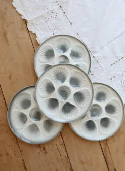 4 assiettes à huîtres vintage Moulin des Loups faïence dégradé bleu gris