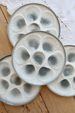 4 assiettes à huîtres vintage Moulin des Loups faïence dégradé bleu gris