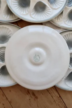 6 assiettes à huîtres vintage Moulin des Loups faïence dégradé bleu gris