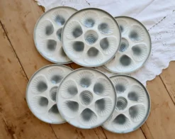 6 assiettes à huîtres vintage Moulin des Loups faïence dégradé bleu gris