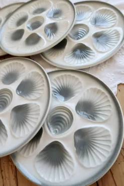 6 assiettes à huîtres vintage Moulin des Loups faïence dégradé bleu gris