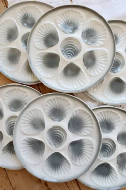 6 assiettes à huîtres vintage Moulin des Loups faïence dégradé bleu gris