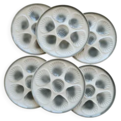 6 assiettes à huîtres vintage Moulin des Loups faïence dégradé bleu gris