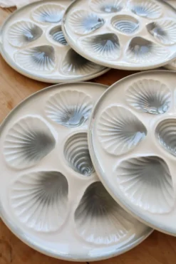 6 assiettes à huîtres vintage Moulin des Loups faïence dégradé bleu gris