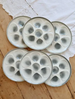 6 assiettes à huîtres vintage Moulin des Loups faïence dégradé bleu gris