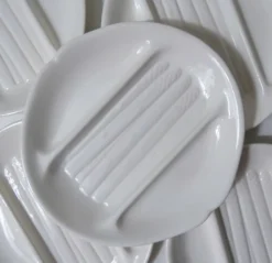 8 assiettes + 1 plat à asperges faïence de salins pompadour blanc vintage