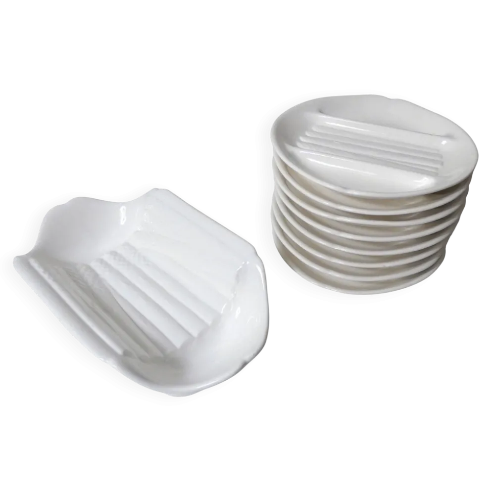 8 assiettes + 1 plat à asperges faïence de salins pompadour blanc vintage