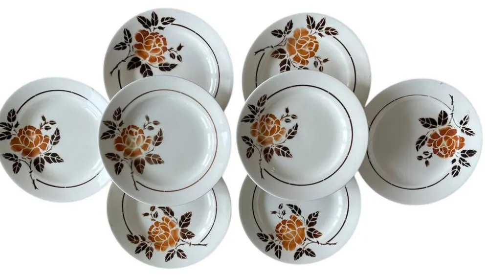 8 assiettes plates anciennes en faïence de Saint-Amand (Nord)