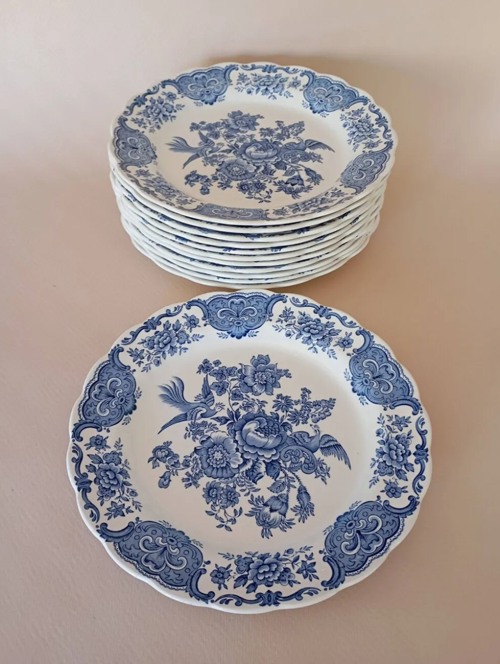 Assiettes plates anglaises Ridgway 'Windsor' bleu & blanc