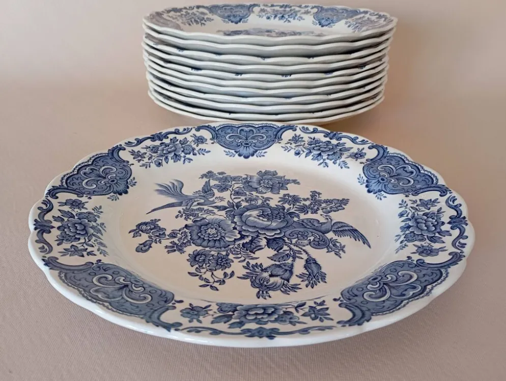 Assiettes plates anglaises Ridgway 'Windsor' bleu & blanc