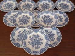 Assiettes plates anglaises Ridgway 'Windsor' bleu & blanc