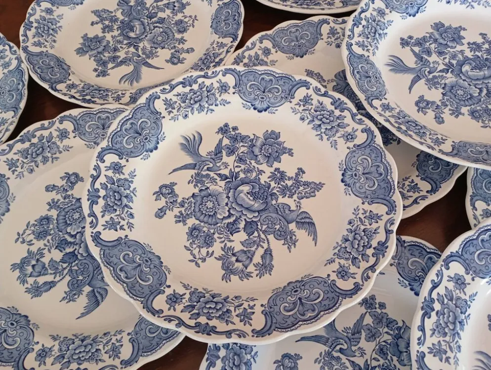 Assiettes plates anglaises Ridgway 'Windsor' bleu & blanc