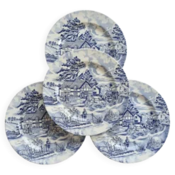4 assiettes plates vintage bleu et blanc – Décor romantique campagne anglai