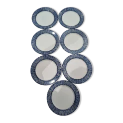 7 assiettes plates vintage en faïence — Décor marguerites bleues