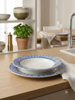 7 assiettes plates vintage en faïence — Décor marguerites bleues