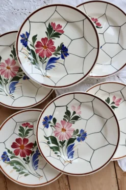 6 assiettes plates vintage faïence Saint-Amand modèle Maurice – Décor flora