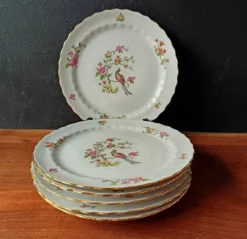 6 assiettes plates vintage, porcelaine Vitriam France, motif Phoenix