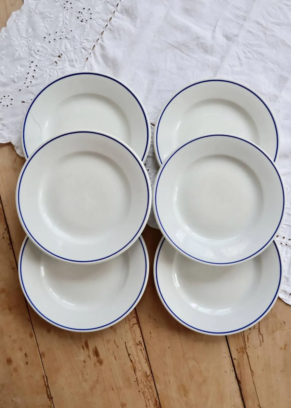 6 assiettes plates vintage Pyroblan Sarreguemines – Liseré bleu