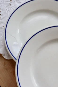 6 assiettes plates vintage Pyroblan Sarreguemines – Liseré bleu