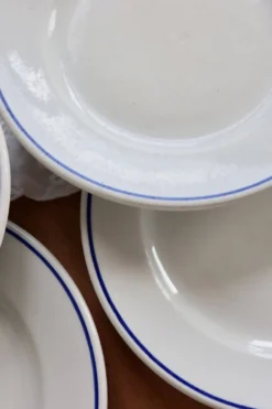6 assiettes plates vintage Pyroblan Sarreguemines – Liseré bleu