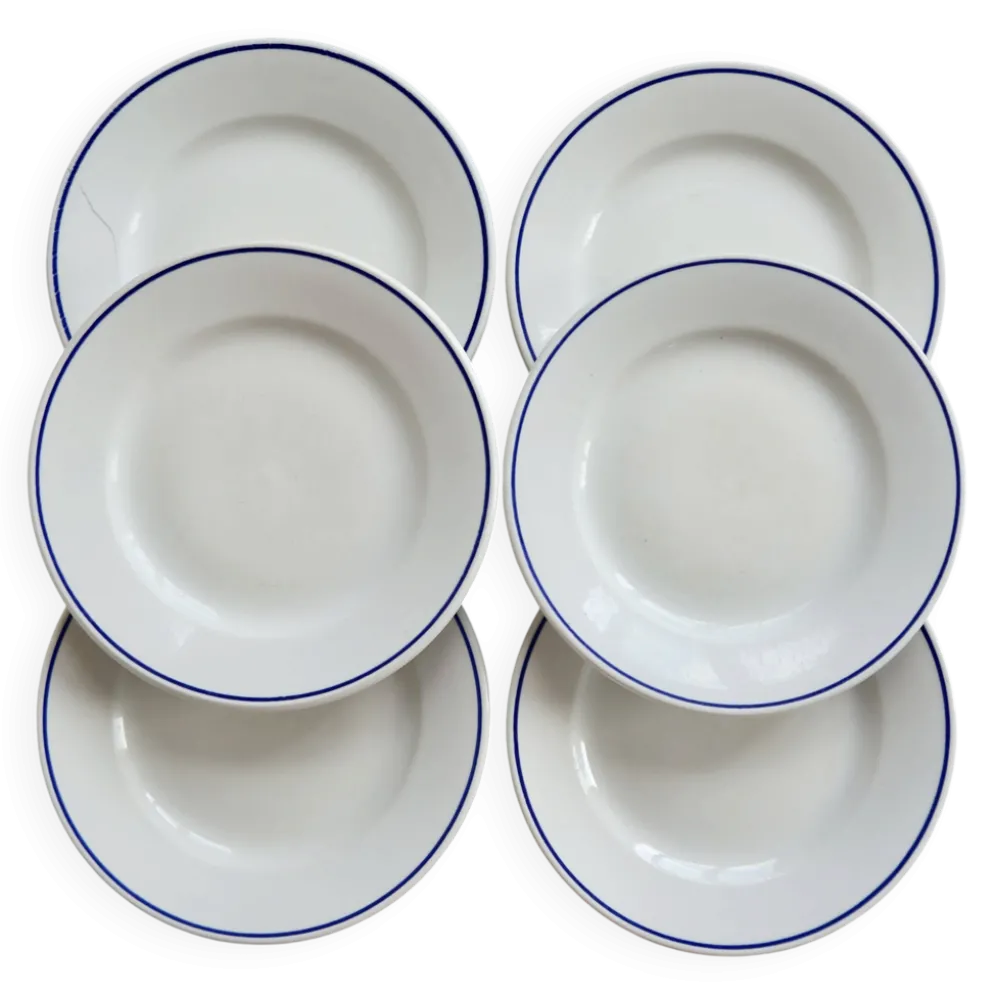 6 assiettes plates vintage Pyroblan Sarreguemines – Liseré bleu