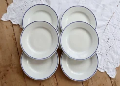 6 assiettes plates vintage Pyroblan Sarreguemines – Liseré bleu