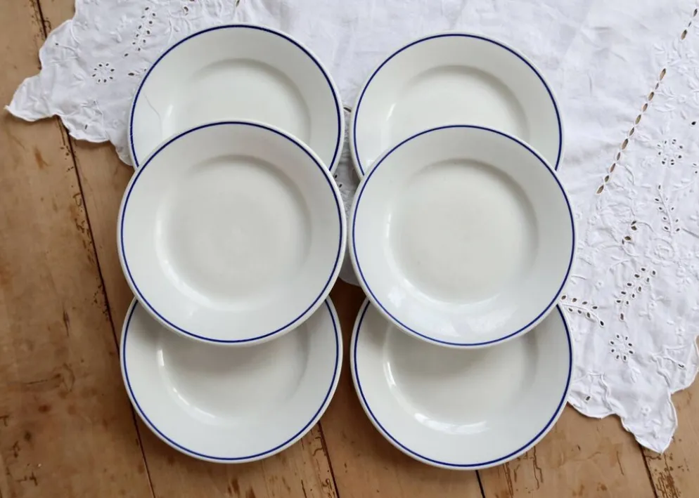 6 assiettes plates vintage Pyroblan Sarreguemines – Liseré bleu