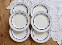 6 assiettes plates vintage style bistrot porcelaine bleue et blanche