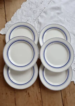 6 assiettes plates vintage style bistrot porcelaine bleue et blanche