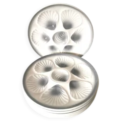 Assiettes plat/à huître, gris et blanc, céramique Moulin des loups