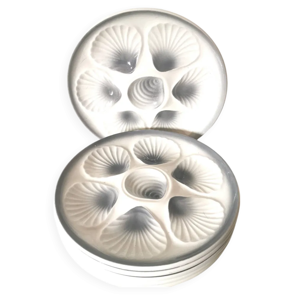 Assiettes plat/à huître, gris et blanc, céramique Moulin des loups