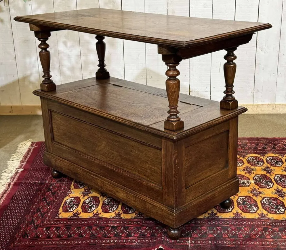 Banc coffre anglais en chêne des années 30 pouvant faire console