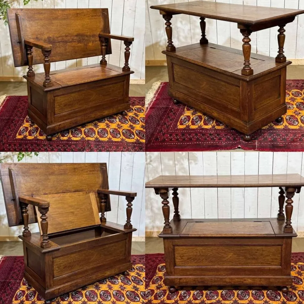 Banc coffre anglais en chêne des années 30 pouvant faire console