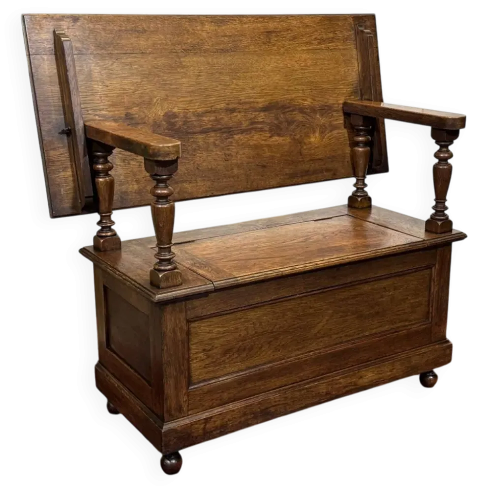 Banc coffre anglais en chêne des années 30 pouvant faire console