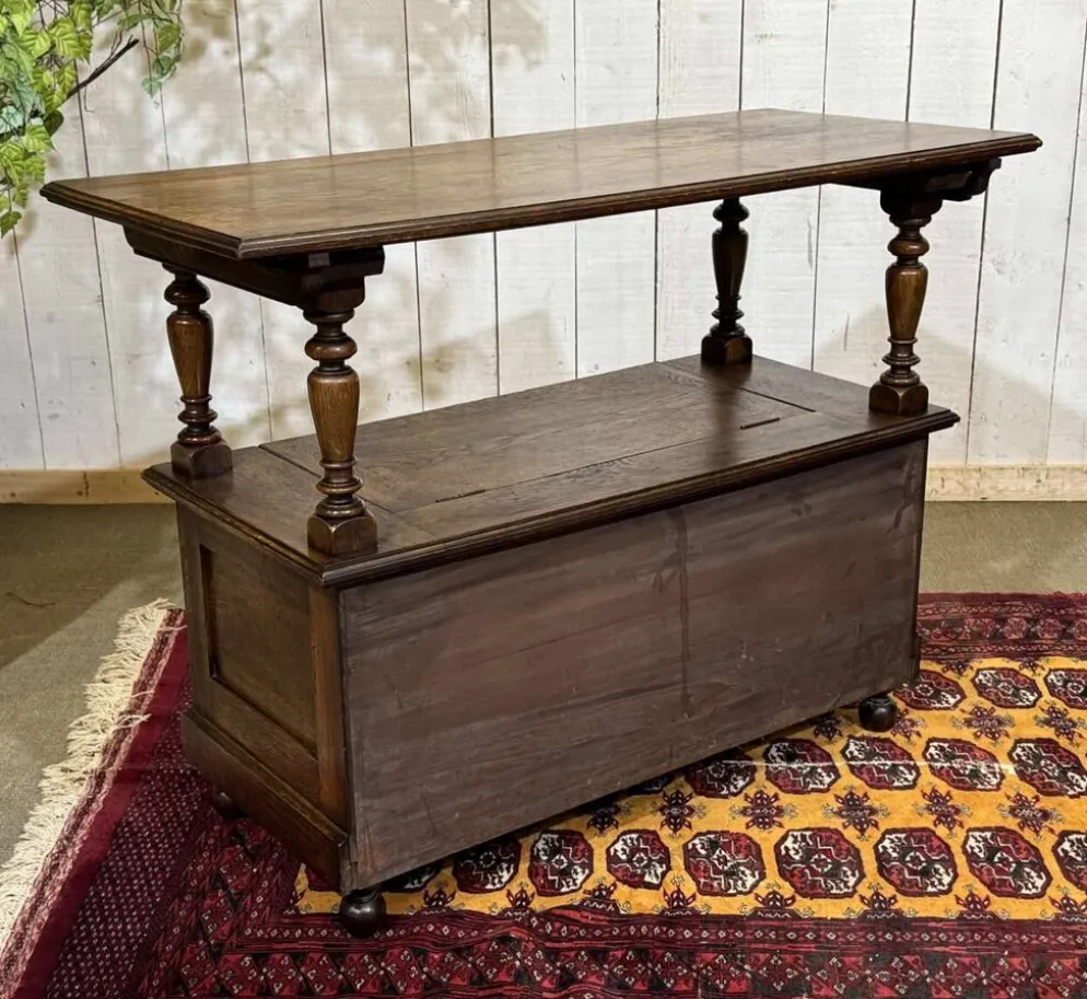Banc coffre anglais en chêne des années 30 pouvant faire console